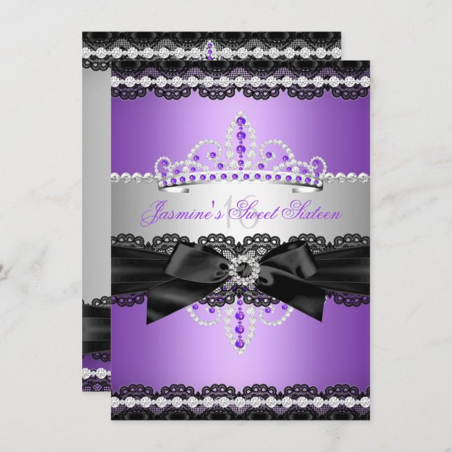 Purple Sweet 16 Birthday Party Silver Black Lace Invitation (Front/Back)
