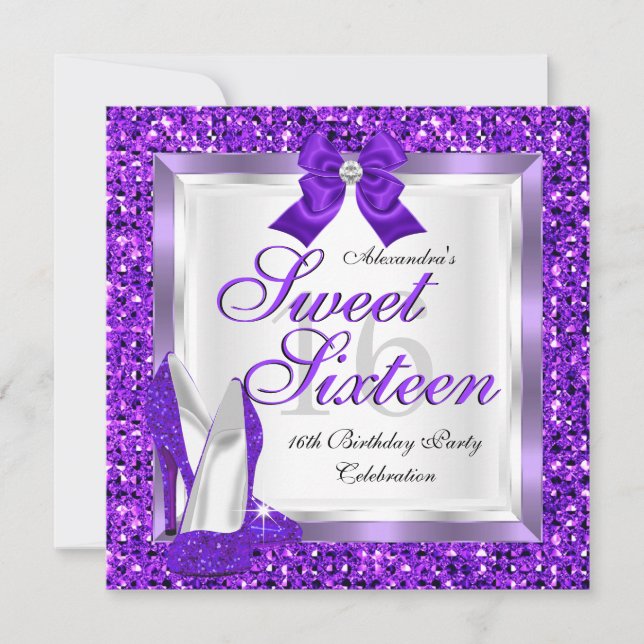 Purple Sweet 16 Party Sweet Sixteen Silver glitter Invitation (Front)