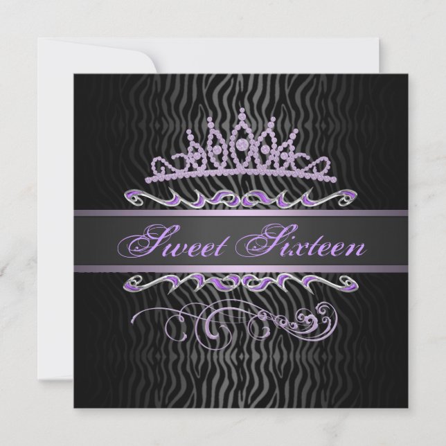 Purple Sweet 16 Tiara Zebra Print Birthday Invite (Front)