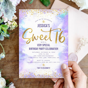 Purple Sweet 16 Watercolor Gold Birthday Bold Glam Invitation
