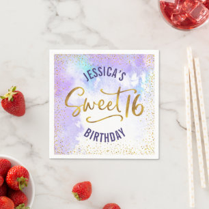 Purple Sweet 16 Watercolor Gold Girly Birthday Napkin