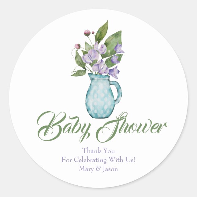 Purple Sweet Pea Flowers Baby Shower Thank You Cla Classic Round Sticker (Front)