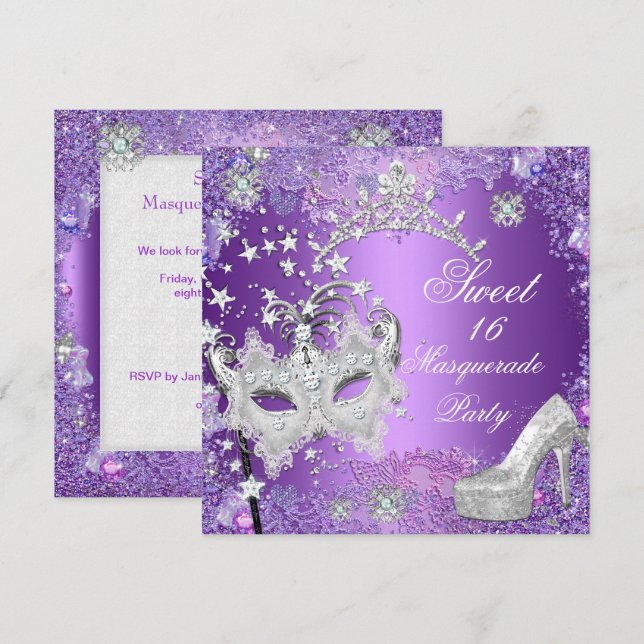 Purple Sweet  Sixteen 16 Masquerade Party Tiara Invitation (Front/Back)