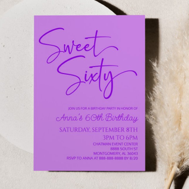Purple Sweet Sixty Minimal 60th Birthday Party Invitation (Creator Uploaded)