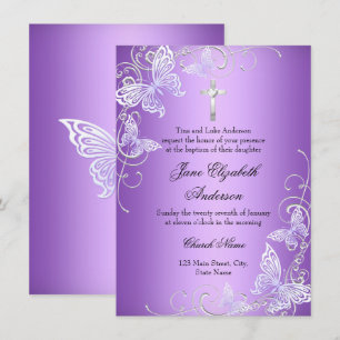 Purple Swirl Butterfly & Cross Baptism Invite