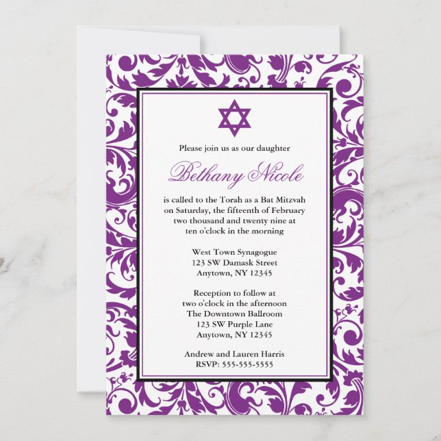 Purple Swirl Damask Bat Mitzvah Invitations (Front)