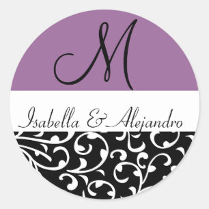 Purple Swirl Damask Monogram Wedding Stickers