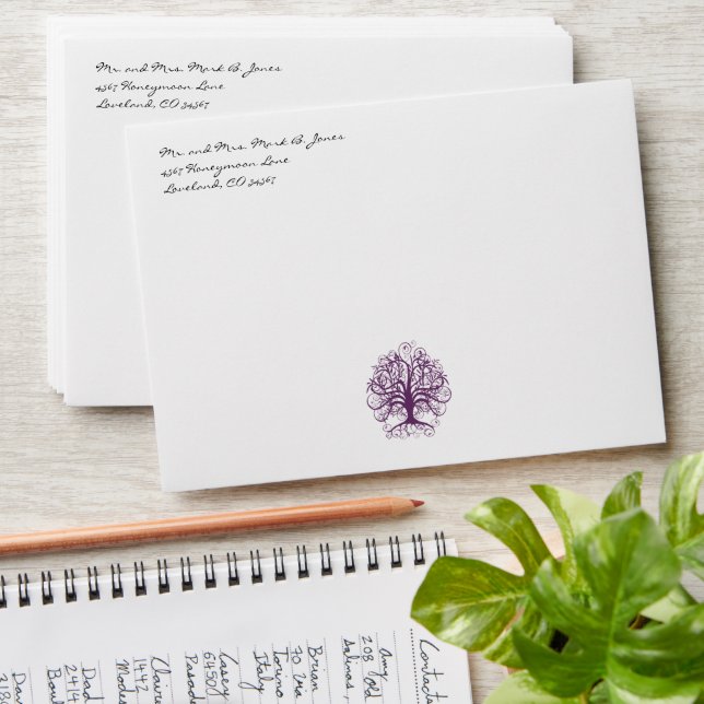 Purple Swirl  Tree Wedding Envelopes (Stacked)