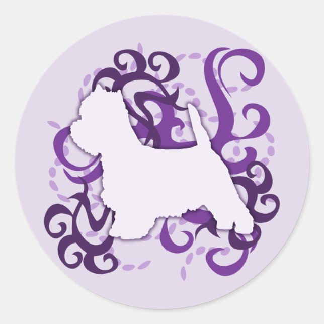 Purple Swirl Westie Classic Round Sticker (Front)