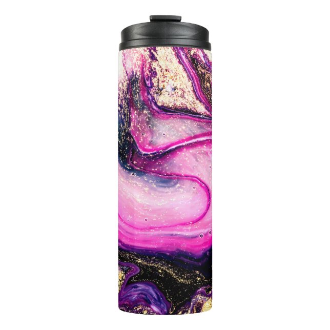 Purple swirls marble with glitter gold thermal tumbler (Front)