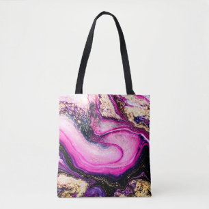 Purple swirls marble with glitter gold tote bag