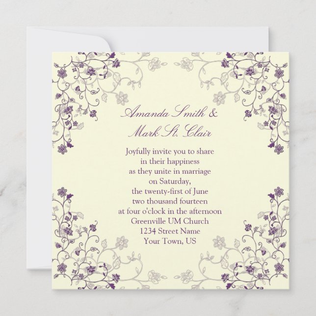 Purple Swirls on Cream Wedding Invitation (Front)