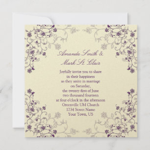 Purple Swirls on Cream Wedding Invitation