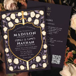 Purple Sword Shield Fantasy Wedding QR Code Invitation<br><div class="desc">Invite your wedding guests with this Royal Sword & Shield Mediaeval Fantasy Monogram invitation with cream-white florals and a deep purple background. This design is perfect for couples seeking a regal, yet modern-day mediaeval fantasy aesthetic. Personalise the text, font, and colours to suit your design preferences. Matching Items in our...</div>