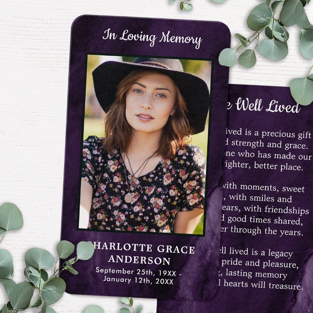 Purple Sympathy Funeral Photo Memorial Prayer Card (Creator Uploaded)