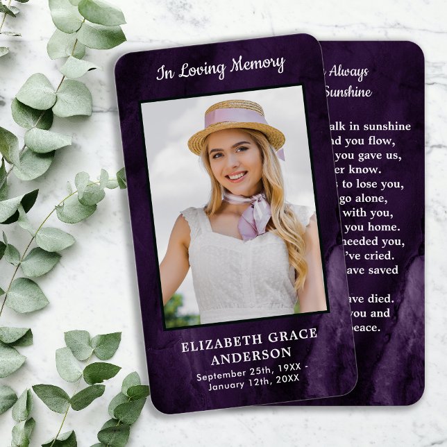 Purple Sympathy Photo Memorial Funeral Prayer Card (Creator Uploaded)