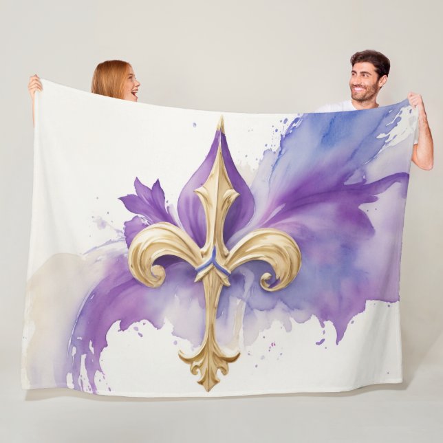 Purple Tan Fleur de Lis Watercolor Fleece Blanket (In Situ)
