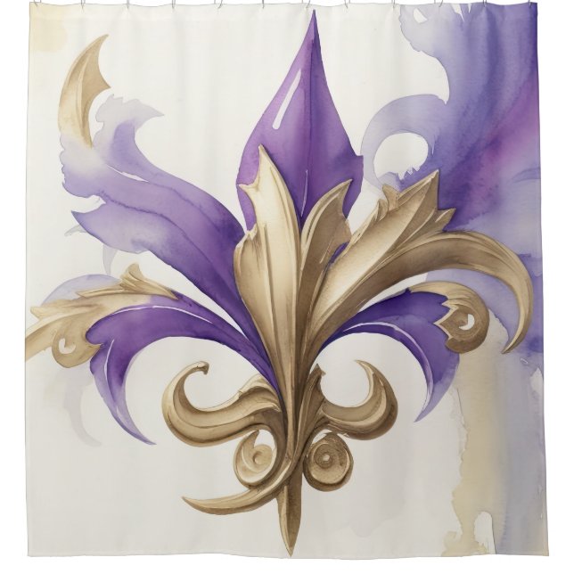 Purple Tan Fleur de Lis Watercolor Shower Curtain (Front)