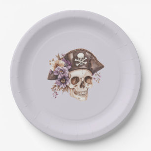 Purple Tan Floral Skull Birthday Paper Plate