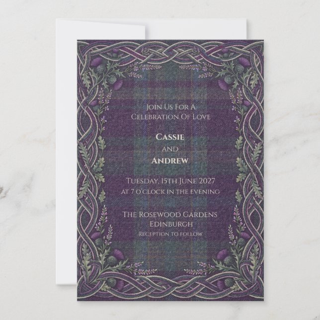 Purple Tartan Celtic Thistle Wedding Invitation (Front)