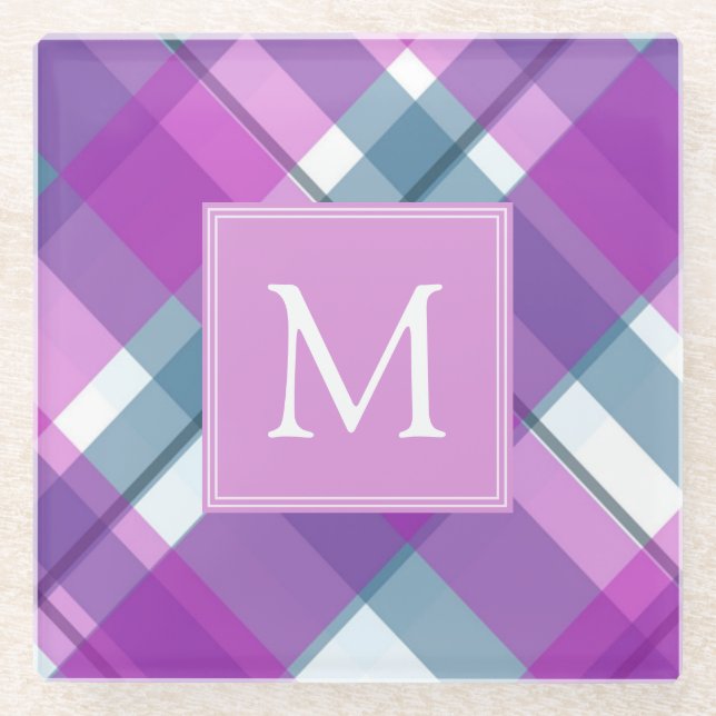 Purple Tartan Monogram Glass Coaster (Front)