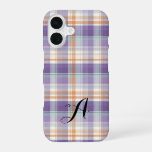 Purple Tartan Plaid Monogram Design iPhone 16 Case
