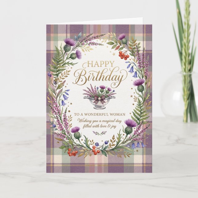 Purple Tartan Thistle Birthday Card (Front)