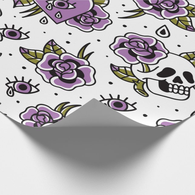 Purple Tattoo Skull & Rose Wrapping Paper (Corner)