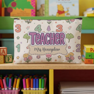 Purple Teacher School Numbers Pattern Accessory Pouch