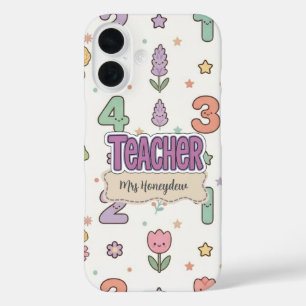 Purple Teacher School Numbers Pattern iPhone 16 Case