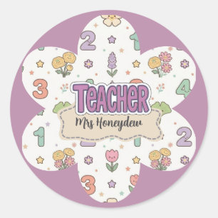 Purple Teacher School Numbers Pattern  Classic Round Sticker