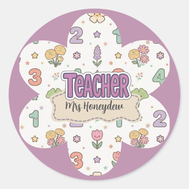Purple Teacher School Numbers Pattern  Classic Round Sticker (Front)
