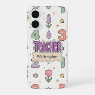 Purple Teacher School Numbers Pattern iPhone 16 Case