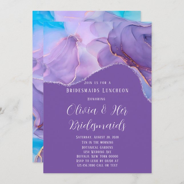 Purple Teal Alcohol Ink Bridesmaids Luncheon Invitation (Front/Back)