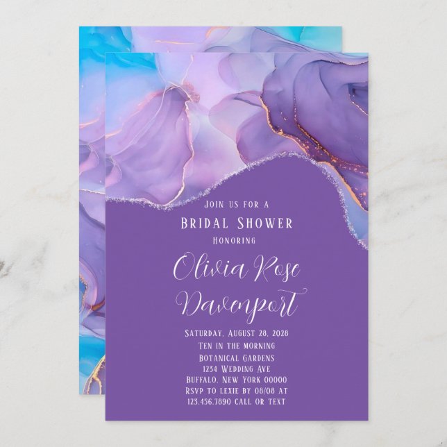 Purple Teal Alcohol Ink Ethereal Bridal Shower Invitation (Front/Back)