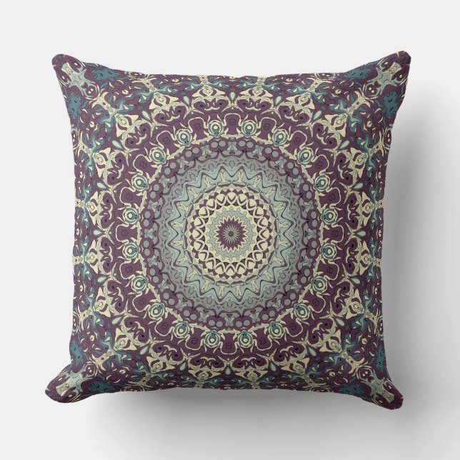 Purple Teal and Cream Mandala Pattern Cushion (Front)