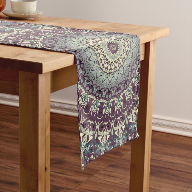 Purple Teal and Cream Mandala Pattern Long Table Runner (In Situ)