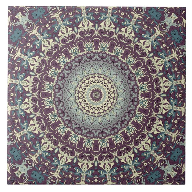 Purple Teal and Cream Mandala Pattern Tile (Front)