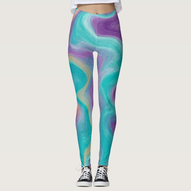 Purple, Teal and Gold Swirls  Marble  Leggings (Front)