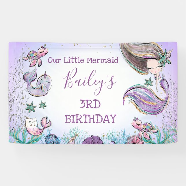 Purple Teal Any Age Mermaid Birthday Banner (Horizontal)