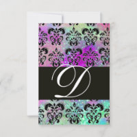 PURPLE TEAL AQUA BLUE  BLACK  DAMASK MONOGRAM RSVP
