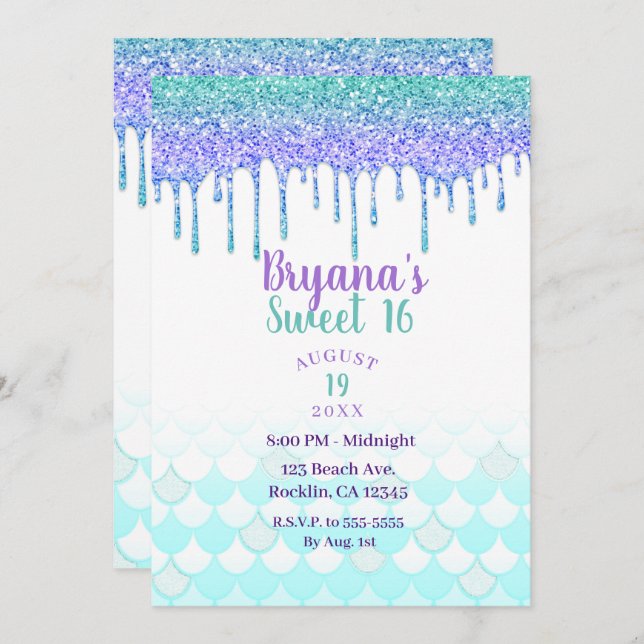 Purple & Teal Aqua Glitter Drip Mermaid Sweet 16 Invitation (Front/Back)