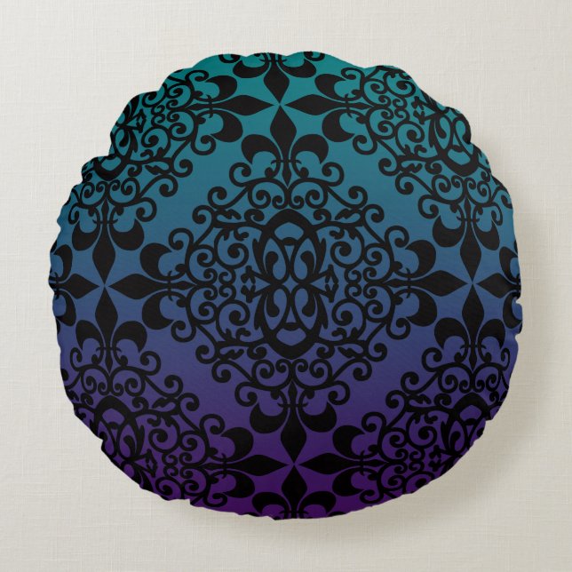 Purple Teal Black Damask Pattern Round Cushion (Front)