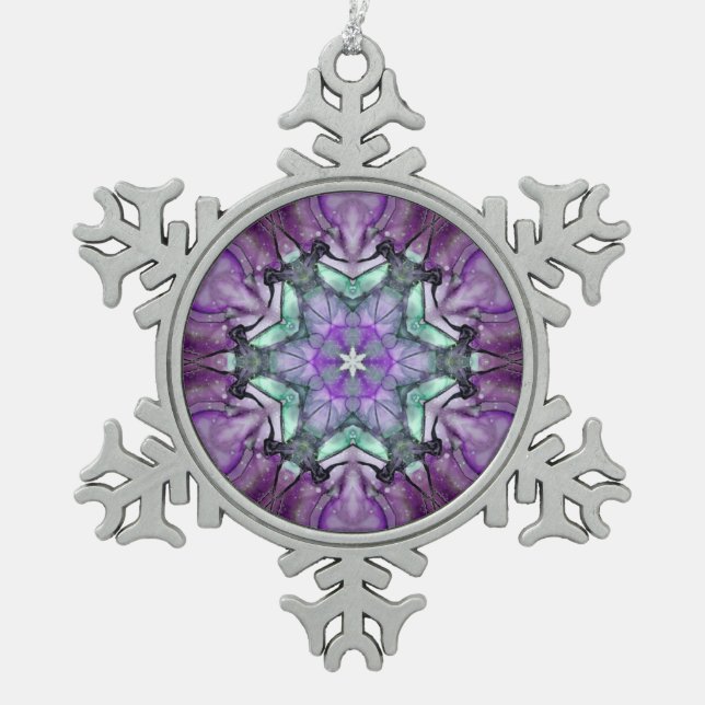  Purple Teal black floral star Snowflake  Pewter Christmas Ornament (Front)