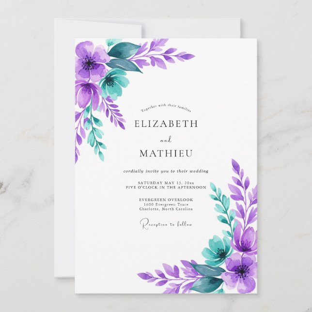 Purple Teal Blissful Botanical Wedding Invitation (Front)
