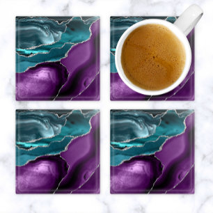 Purple Teal Blue Agate Silver Glitter Glass Coaster