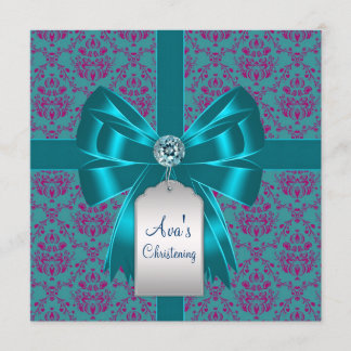 Purple Teal Blue Damask Baby Baptism Christening Invitation