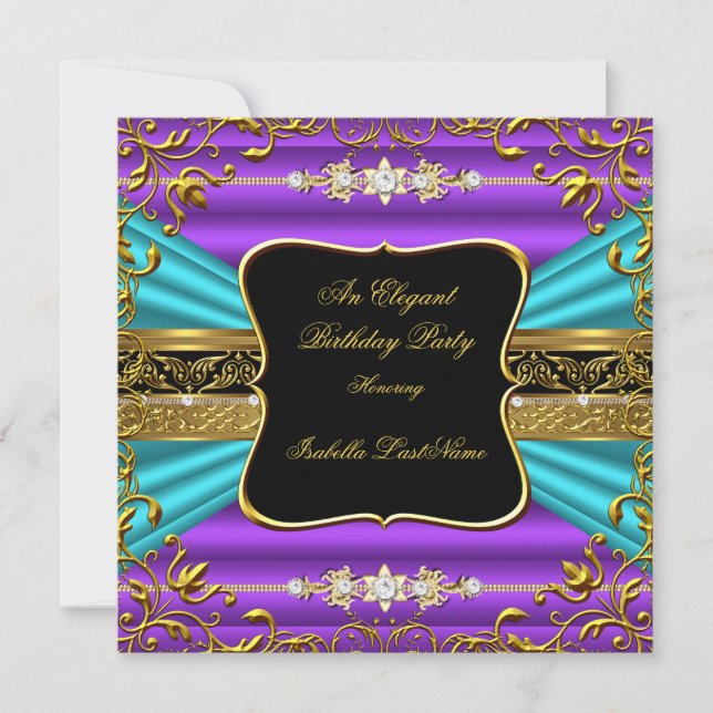Purple Teal Blue Damask Black Gold Birthday Party Invitation (Front)