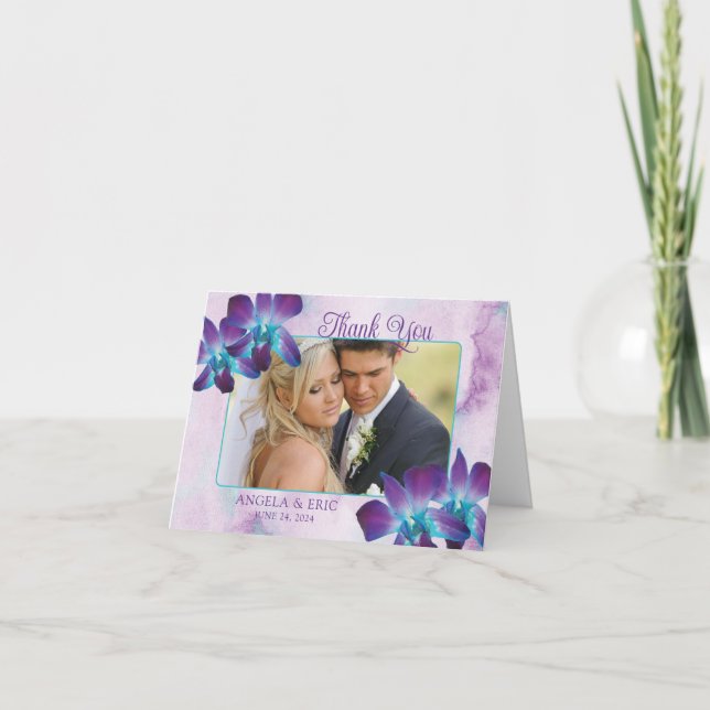 Purple Teal Blue Dendrobium Orchid Wedding Photo Thank You Card (Front)