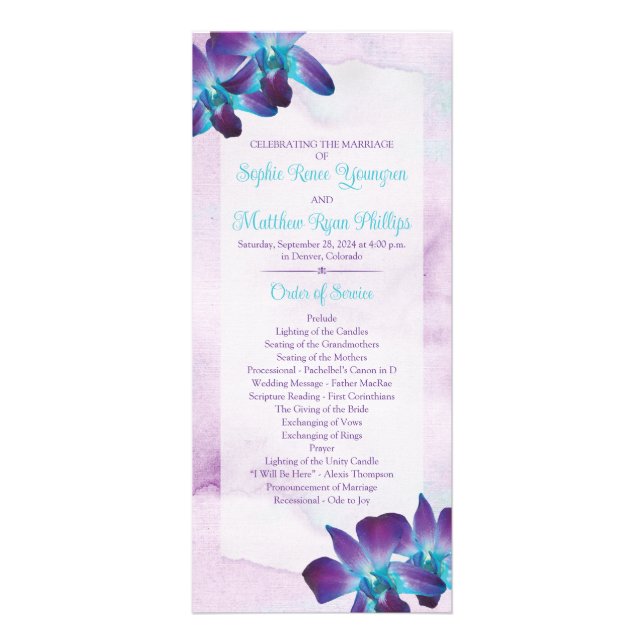 Purple Teal Blue Dendrobium Orchid Wedding Program Rack Card (Front)